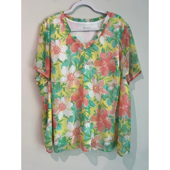 Denim & Co. Tops - Denim & Co Womens 3X Floral V-Neck Blouse Short Sleeve Yellow Green Tropical Top